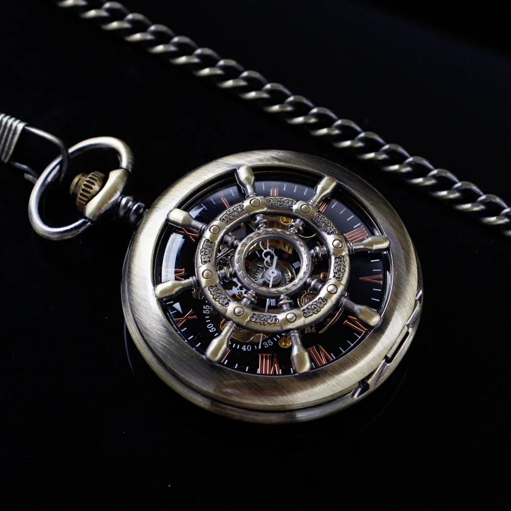 

Bronze Rudder Pirate Theme Mechanical Pocket Watch Vintage Steampunk Necklace Roman Digital Dial for Men and Women
