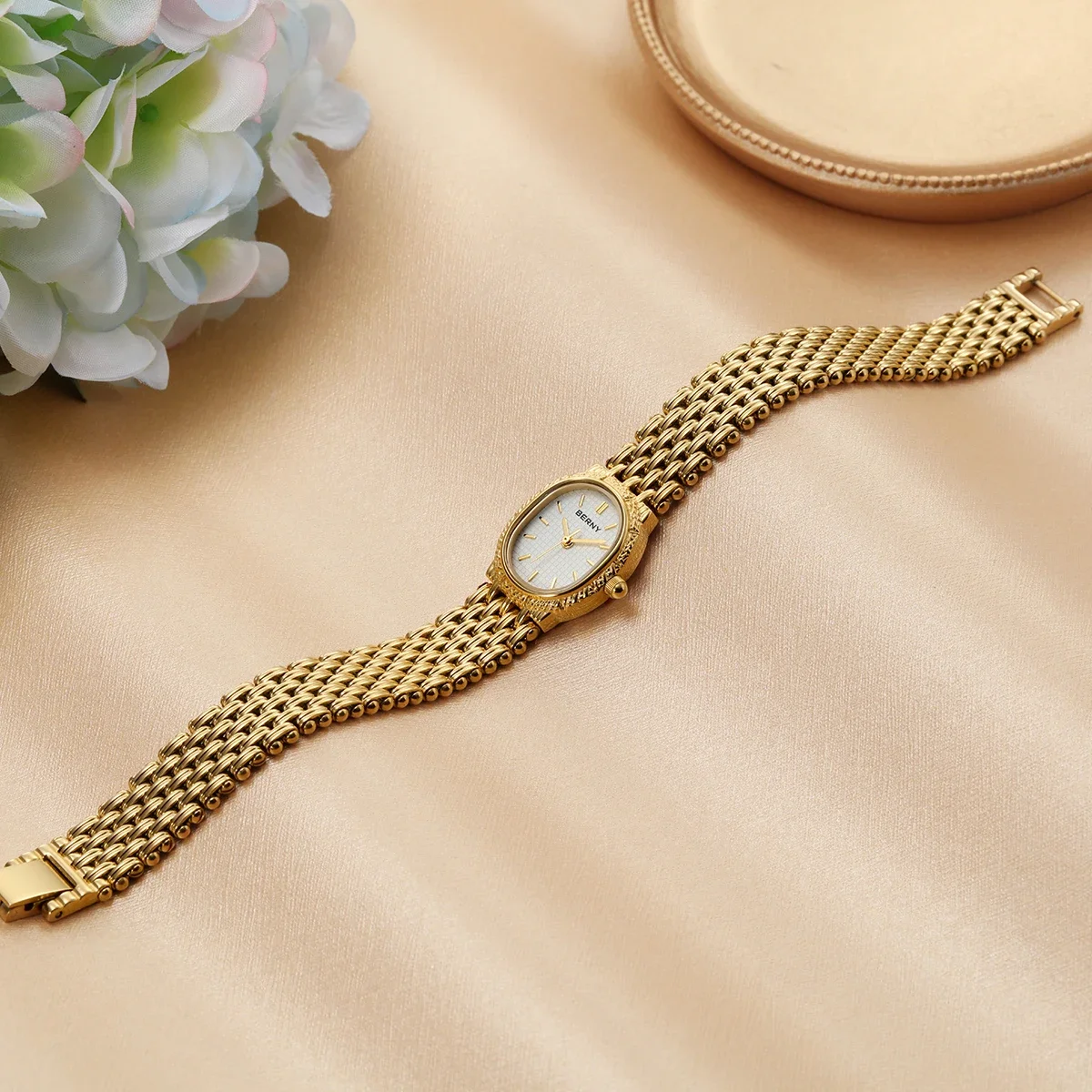BERNY Women Watch Fashion Quartz Small Case Golden Wristwatch Full Stainless Steel Waterproof Gold Ladies Watches