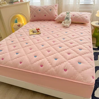 Bonenjoy Bed Cover Embroidered Mattress Cover Quilted Bed Linen Thickened Fitted Sheet Home Bedspread 매트리스커버 (No Pillowcase)