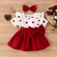 PatPat 2pcs Baby Girl Heart Print Ruffled Short-sleeve Faux-two Bow Front Dress & Headband Set Soft and Comfortable 1