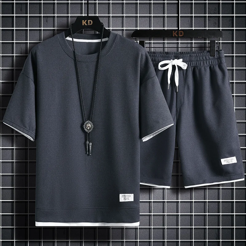 

Women's Fashion Summer Waffle Short-sleeved And Short Two Piece Sets Loose Casual Clothing Sportswear Men Tracksuit