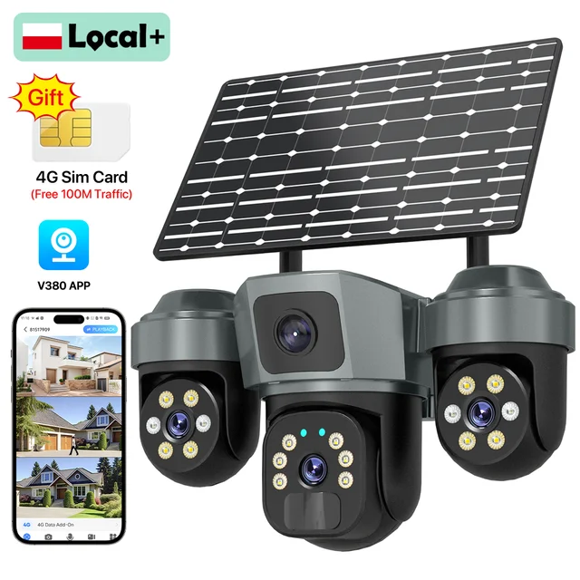Caméra de surveillance solaire Wonsdar V380 4G à trois objectifs, caméras sans fil à batterie, vision nocturne, charge solaire, moniteur vidéo de sécurité extérieur 1