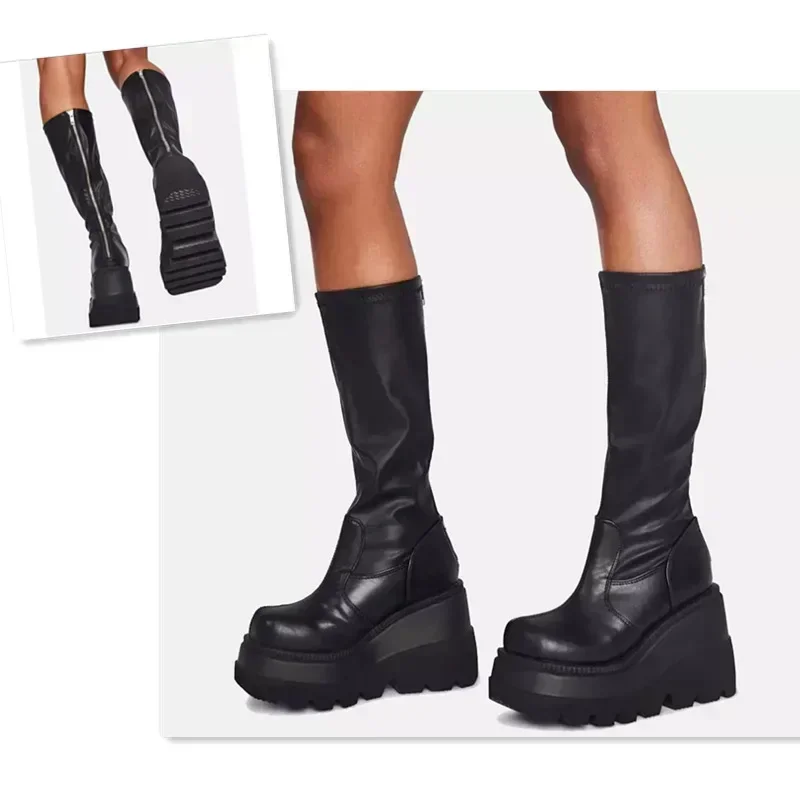 Punk Women Platform Boots Elastic Microfiber Chunky Heel Mid-calf Ladies Boots 2025 Spring Autumn