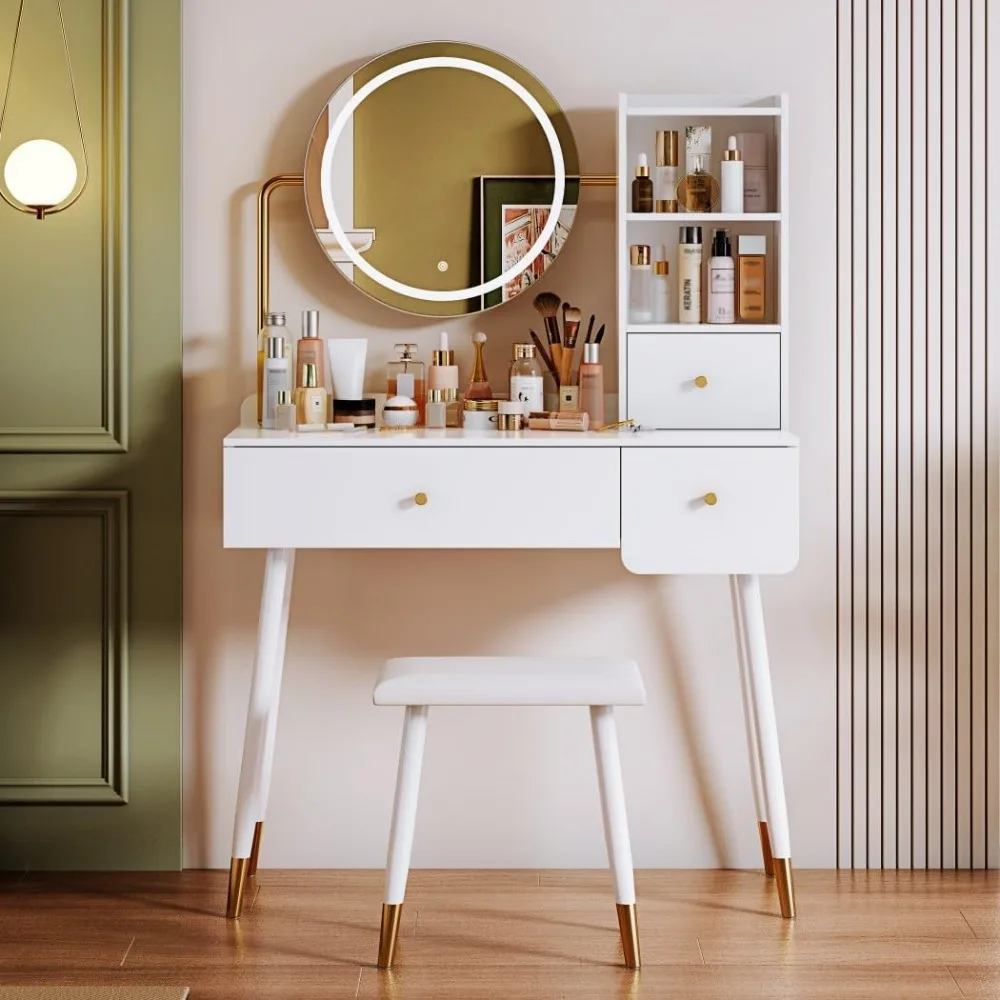 

Vanity Desk,Make Vanity Set with Touch Screen Dimming Mirror, 3 Color Lighting Modes, Dressing Table with 3 Sliding Drawers