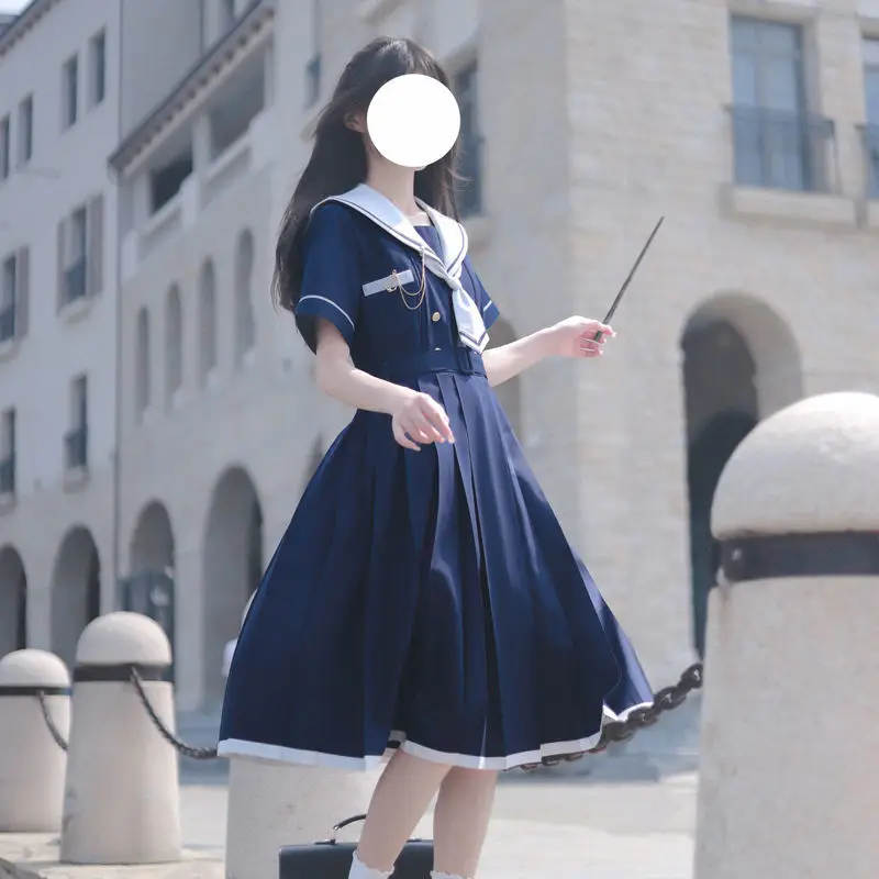 

Harajuku Sailor Collar Navy Dress Japanese Lolita Sweet Bow-knot Girl Retro Cotton Kawaii Preppy Style LONG Sleeve Dress Women