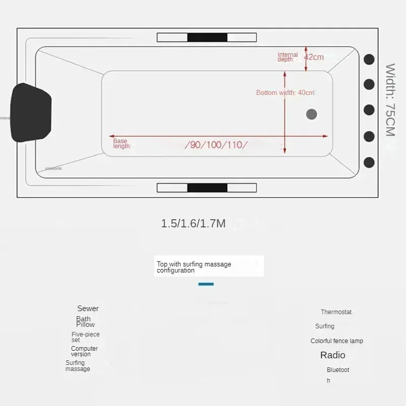 Acrylic Design Adult Bathtub with Grab Bars Light Luxury Massage Bathtub Small Apartment Bathroom Household Surf Jacuzzi