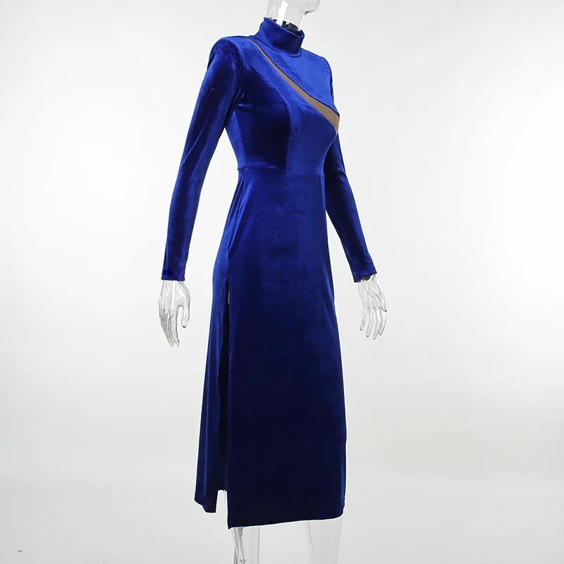 Mesh Patchwork Bodycon Maxi Dress For Women Blue Autumn Winter New Turtleneck Long Sleeve Split Dress Elegant Clothes