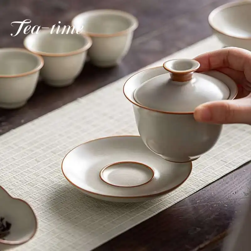 Ru Kiln Tea Cup Kung Fu Chawan Oolong Gaiwan Cover Bowl Maker Chinese Original Puer Garglin Cups Porcelain Supplies Set Wan Gai
