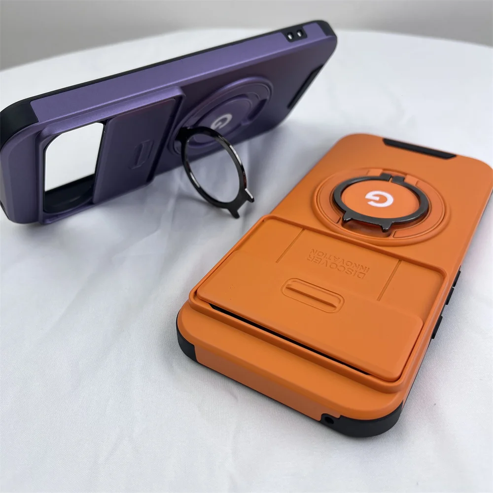Hybrid Dual Layer Armor Case with Metal Ring Stand and Slide Camera Lens Protection