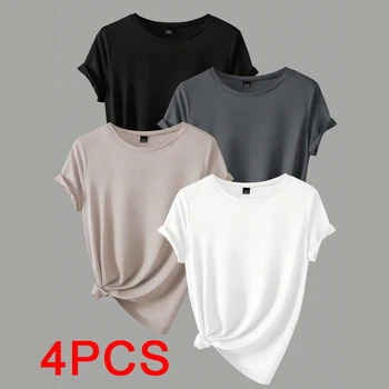 4PCS Women's Trend T-shirts Leisure Summer Tops Woman Clothing Plus Size Short Sleeve T Shirt Clothes for Women Tee Top Outfit 1