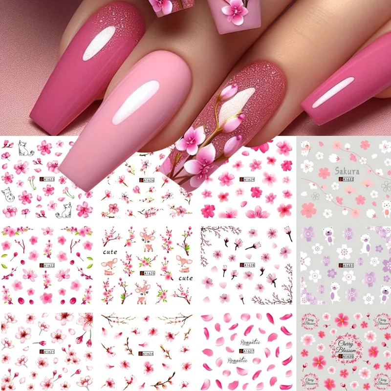 Cherry Blossom & Bear Water Transfer Nail Stickers - Pink Floral Design