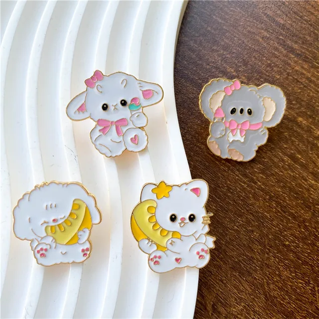 Cute White Cat Dog Enamel Pins White Rabbit Puppy Koala Orange Fruits Lapel Brooch Animal Coat Hat Metal Badge Kid Gifts Jewelry