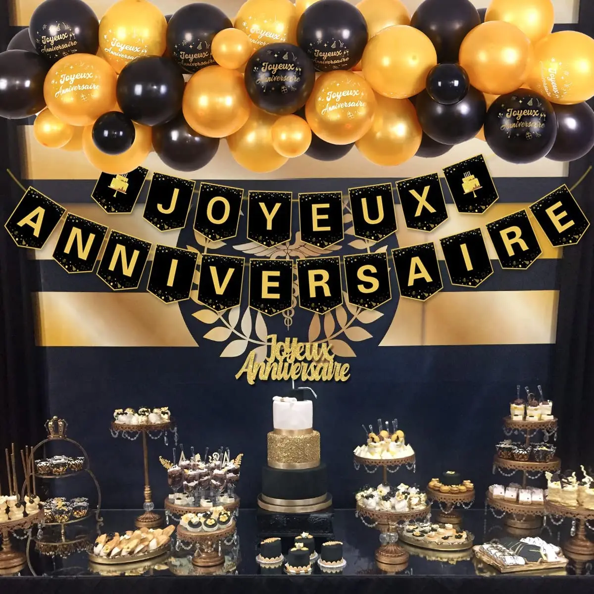 JOYMEMO Black Gold Birthday Decoration Balloon Garland Kit for Men Joyeux  Anniversaire Banner Birthday Party Cake Topper Set - AliExpress