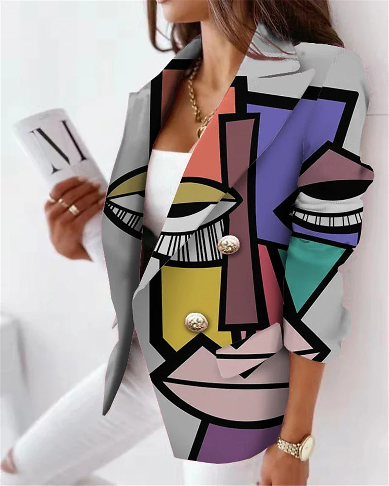 

Women's Autumn Blazer Casual Jackets Breathable Office Wear with Pockets Print Outerwear Double Breasted Turndown Y2K Style suit