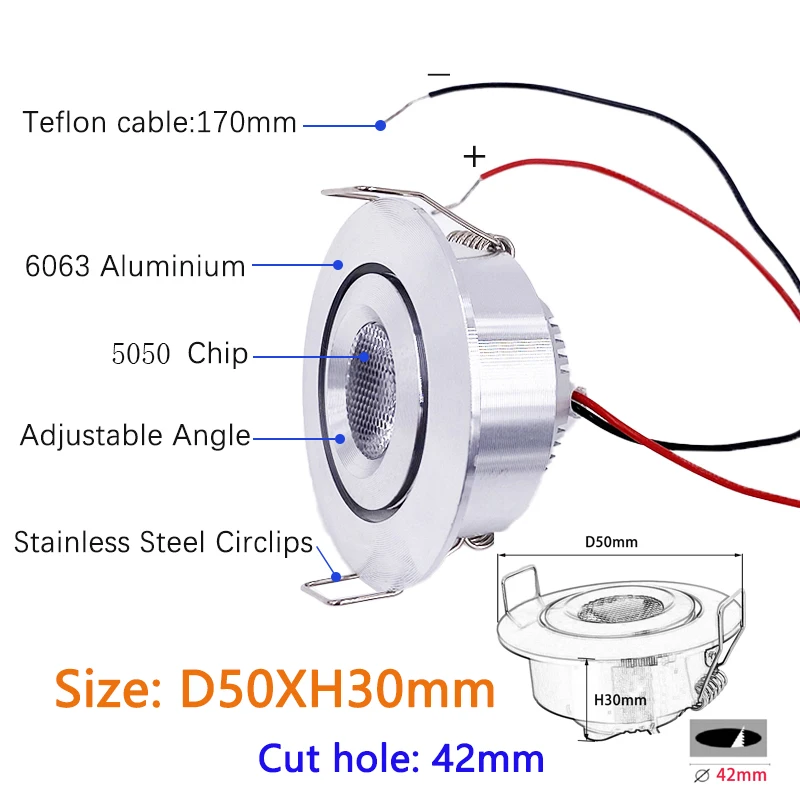 Dimmable LED Spotlight 3W DC12V 24V Recessed Light Adjustable Angle Hole cut  42mm Indoor Light Showcase Cabinet Downlight 6