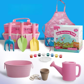 Kids Gardening Kit - 10-Piece Colorful Toy Tool Set with Shovel, Rake & Pink Storage Box for Vegetable Planting Fun