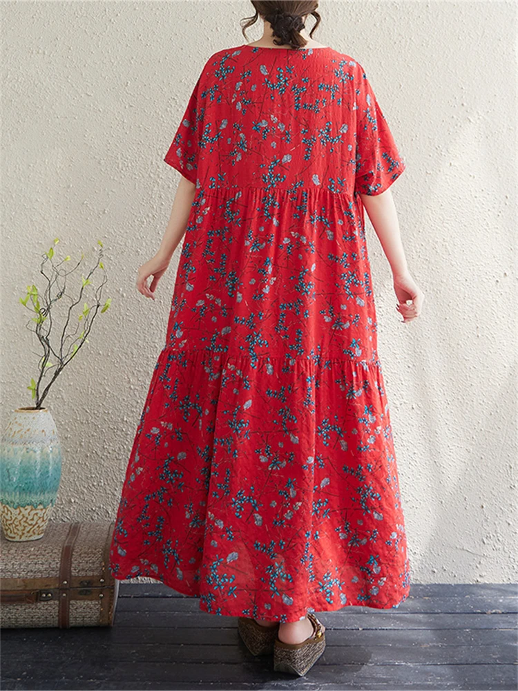 Summer Cotton Vintage Casual Loose Yellow Print Floral Dresses For Women Short Sleeve Dress Femme Robe Vestidos Elegant Clothing