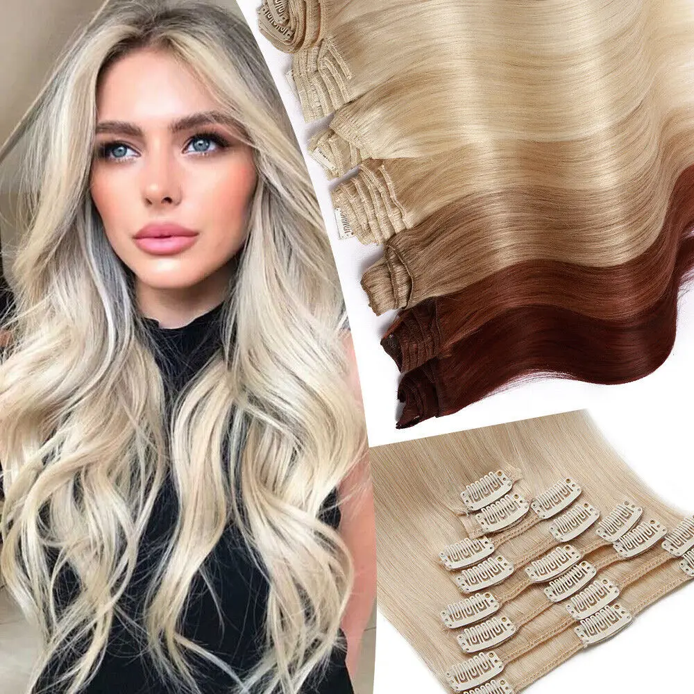 28" Clip in Hair Extensions Remy Human Hair for Women-Silky Straight Human Clip in Extensions 50g Dark Brown 613 Color