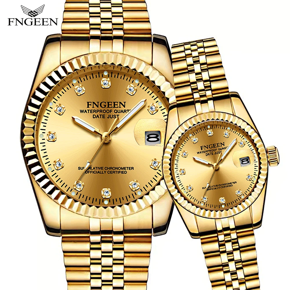 FNGEEN Couple Luxury Gold Clock Diamond-encrusted Men Women Calendar Date Round Quartz Waterproof Watches Relogio Feminino