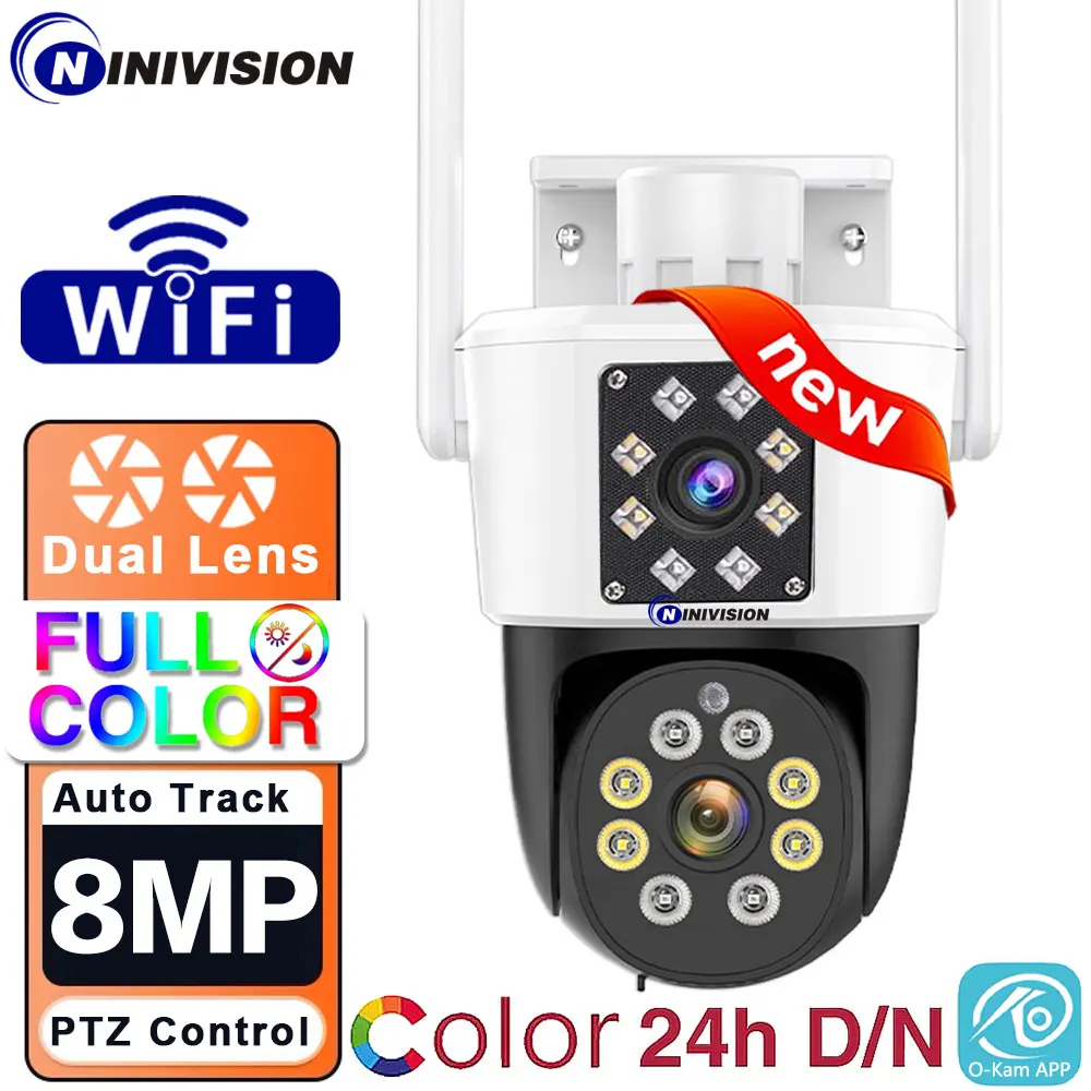 

8MP 4K Surveillance Camera Outdoor Dual Lens AI Human Tracking Wifi IP Camera Color Night Vision PTZ Security Monitor 2Audio Cam