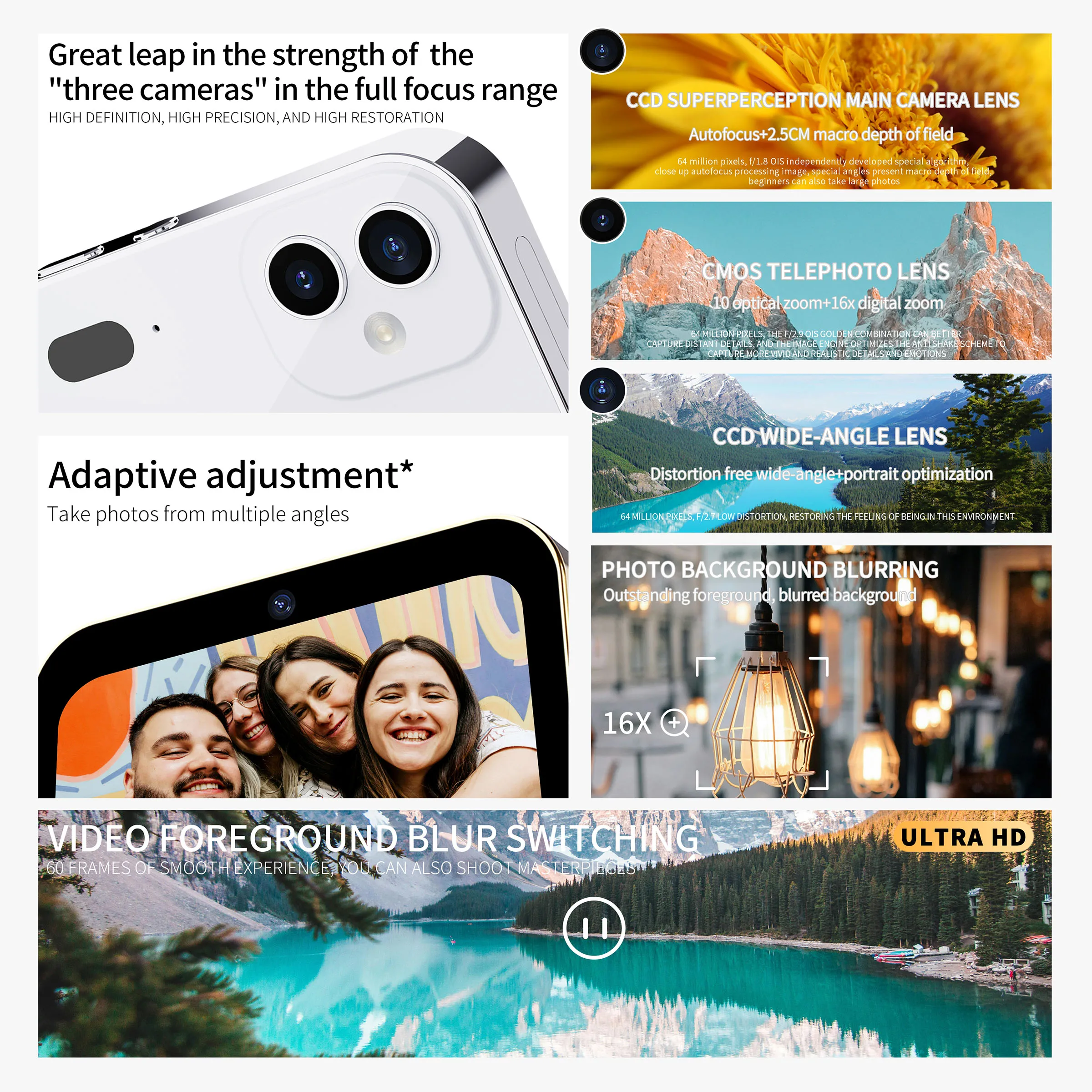 D6 OLED Full Touch Screen Digital Cameras Three-lens CCD Camera HD 1080P 64MP 16X Zoom Cam Anti shake Video Recording