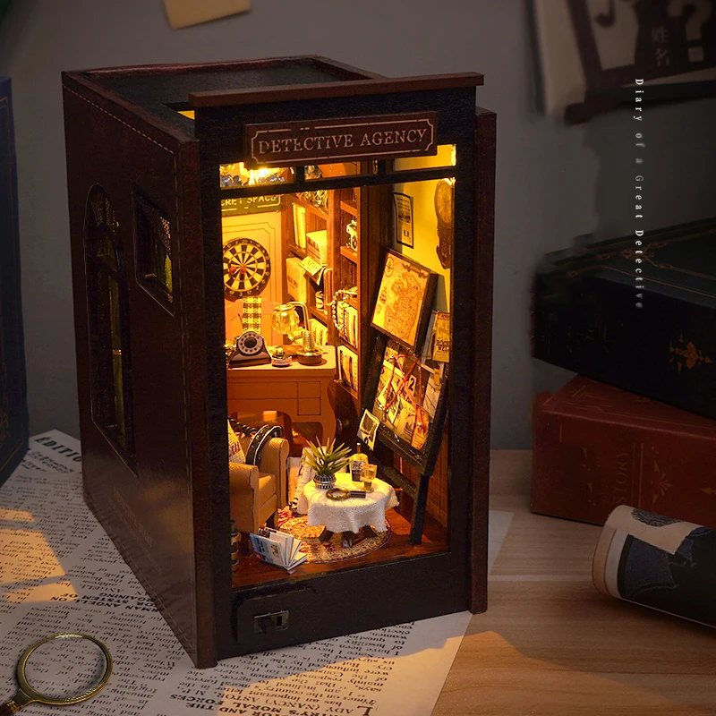 DIY Book Nook Wooden Miniature Model Kit Detective Agency Casa Bookend With Light 3D Puzzle Bookshelf Home Decor Friends Gifts 2