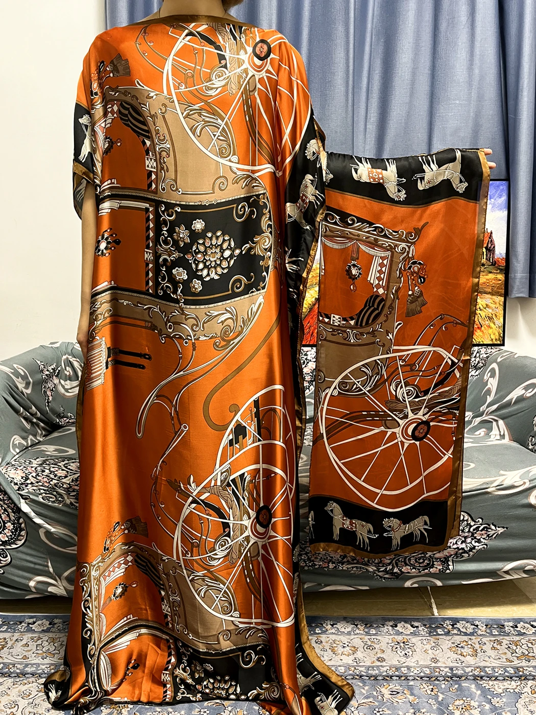 Muslim Abayas For Women 2023 Summer Fashion Print Silk African Dresses Loose Femme Robe Nigeria Islam Holidays With Headscarf