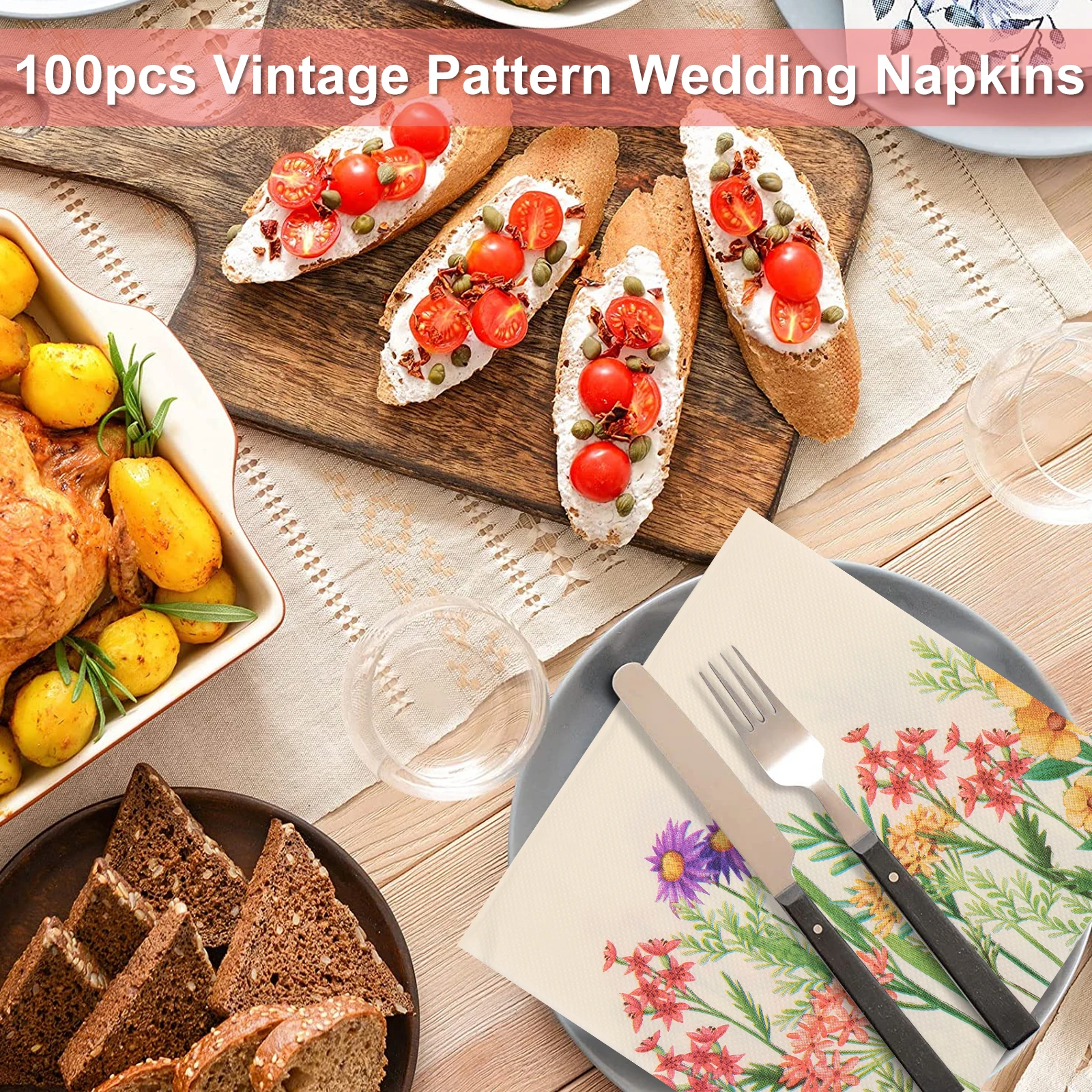 100Pcs Flower Paper Napkins Reusable 2-Layer Retro Floral Guest Napkin Decorative Party Dessert Dinner Napkins for Party