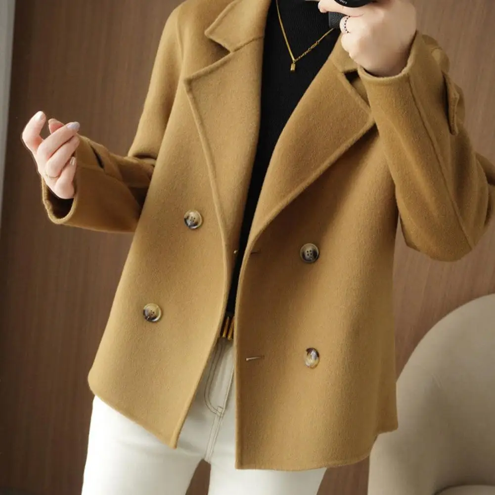 Fall Winter Women Woolen Coat Double-breasted Lapel Long Sleeve Loose Thickened Warm Formal Business Style OL Commute Jacket