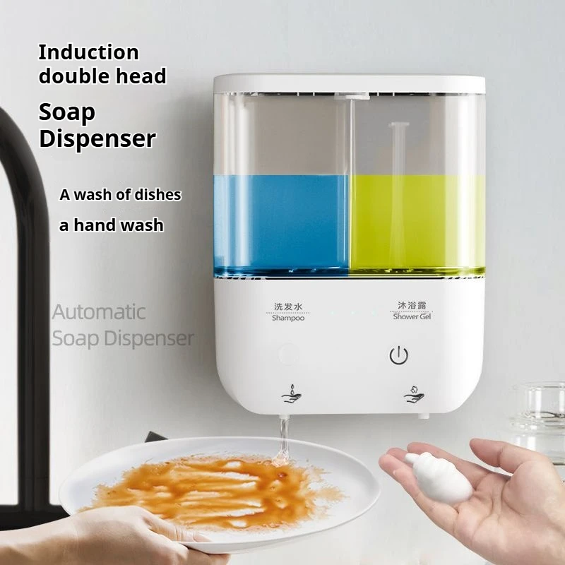 เครื่องจ่ายสบู่อัตโนมัติแบบหัวคู่ติดผนังสําหรับแชมพู/เจลอาบน้ํา/จานสบู่เหลวเครื่องจ่ายสบู่เหลวห้องน้ําอัจฉริยะ 1