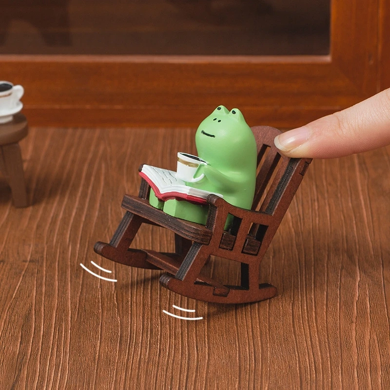 1/4pcs Mini Frog Resin Figurine Small Table Lamp Ornament Rocking Chair with Book Coffee Home Office Desktop Healing Craft F7744
