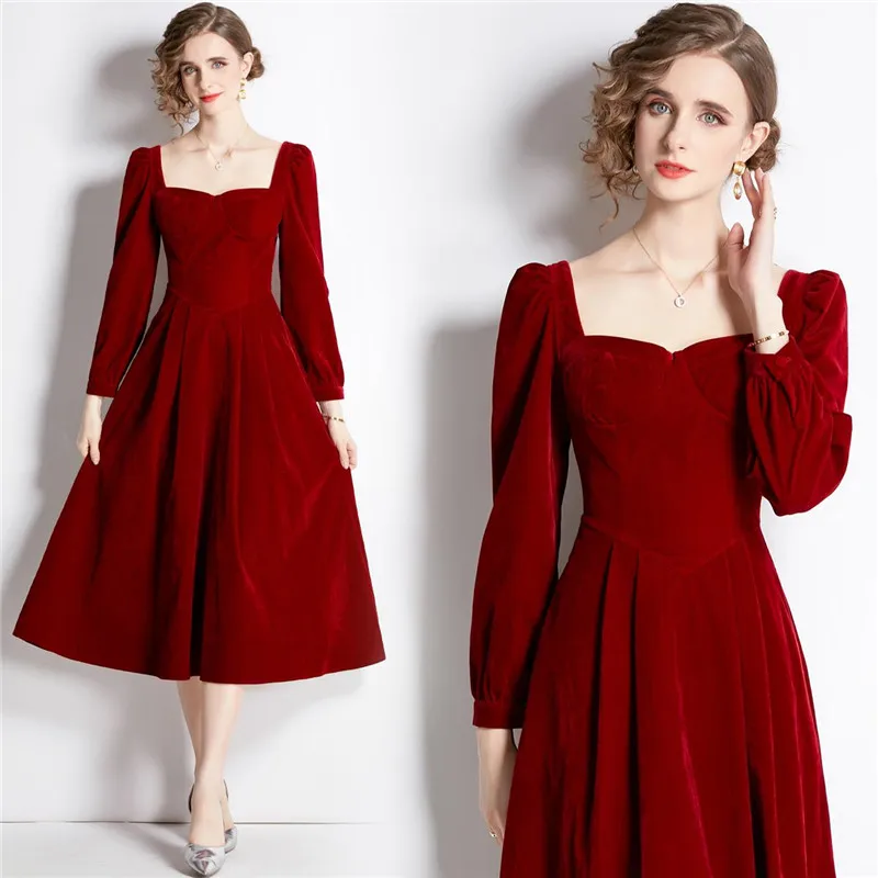 

New Autumn French Vintage Women Dresses Elegant Wine Red High Waist Bodycon Mid Length Skirts Softerable Velvet Casual Vestidos