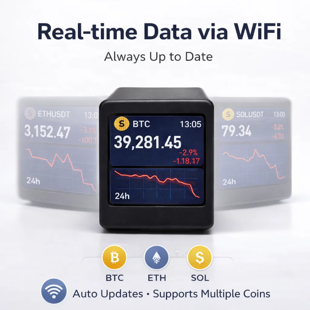 Compact WiFi Crypto Display | Real-Time Price Tracker | Desktop Stock Ticker | Smart Market Monitor
