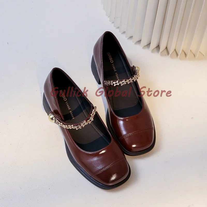 

2024 New Arrival PU Round Toe Chunky Heels Strap Rhinestone Shallow Pumps Summer Dress Elegant Sweet Women Shoes Breathable Cosy