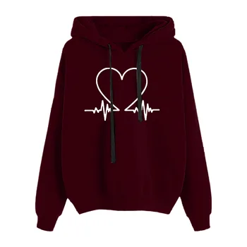 Women Autumn Clothes Fashion ECG Heart Print Hoodies Sweatshirt Gothic y2k Oversize Solid Color Loose Casual Pullovers Tops 3