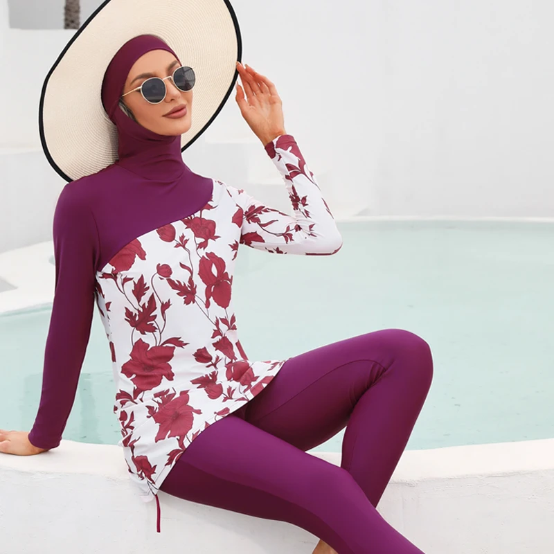 Muslim Swimwears Women Printed Stretch Full Cover Hijab Long Sleeves Sport swimming Togs Lslamic Burkinis Wear Bathing Suit