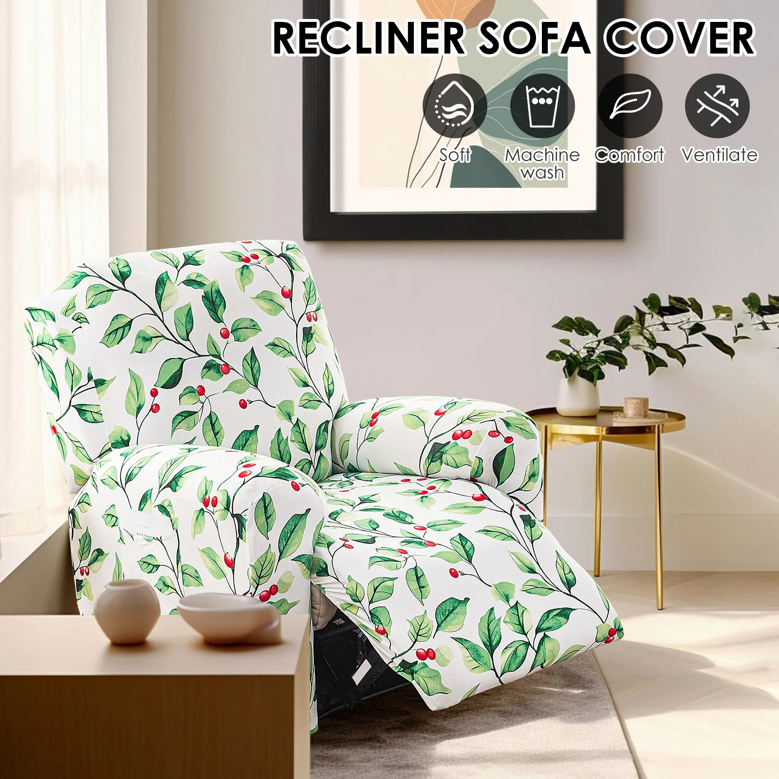 4Pcs Recliner Chair Cover Single Stretch Couch Covers with Side Pockets Non Slip Printed Sofa Protector Decorative Couch Cover