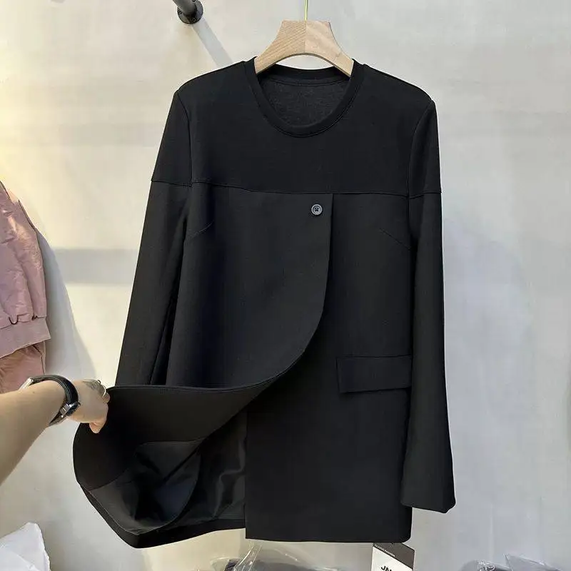Large pullover suit for women with loose design, front panel splicing, mid length top trendy  blazer feminino