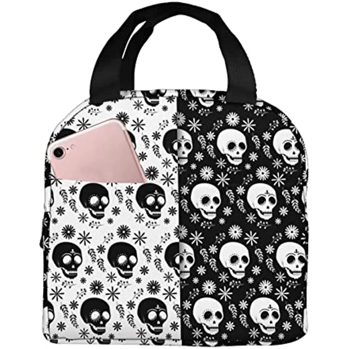 Black and White Skull Lunch Bag Insulated Lunch Box Cooler Tote with Front Pocket for Men Women Lunch Bags for Men Work Outdoor