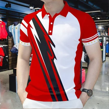Polo da Uomo Rosso Bianco Nero con Pannello Geometrico a Fulmine e Rifinitura a Stella, Polo con Sublimazione 3D per Uomo, Colletto Classico