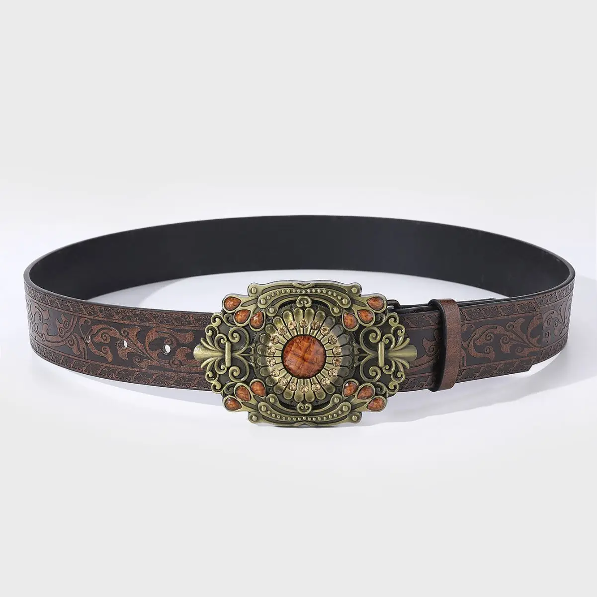 

Belt, men's artistic personality, PU imitation leather belt, ethnic wind pressure floral versatile belt