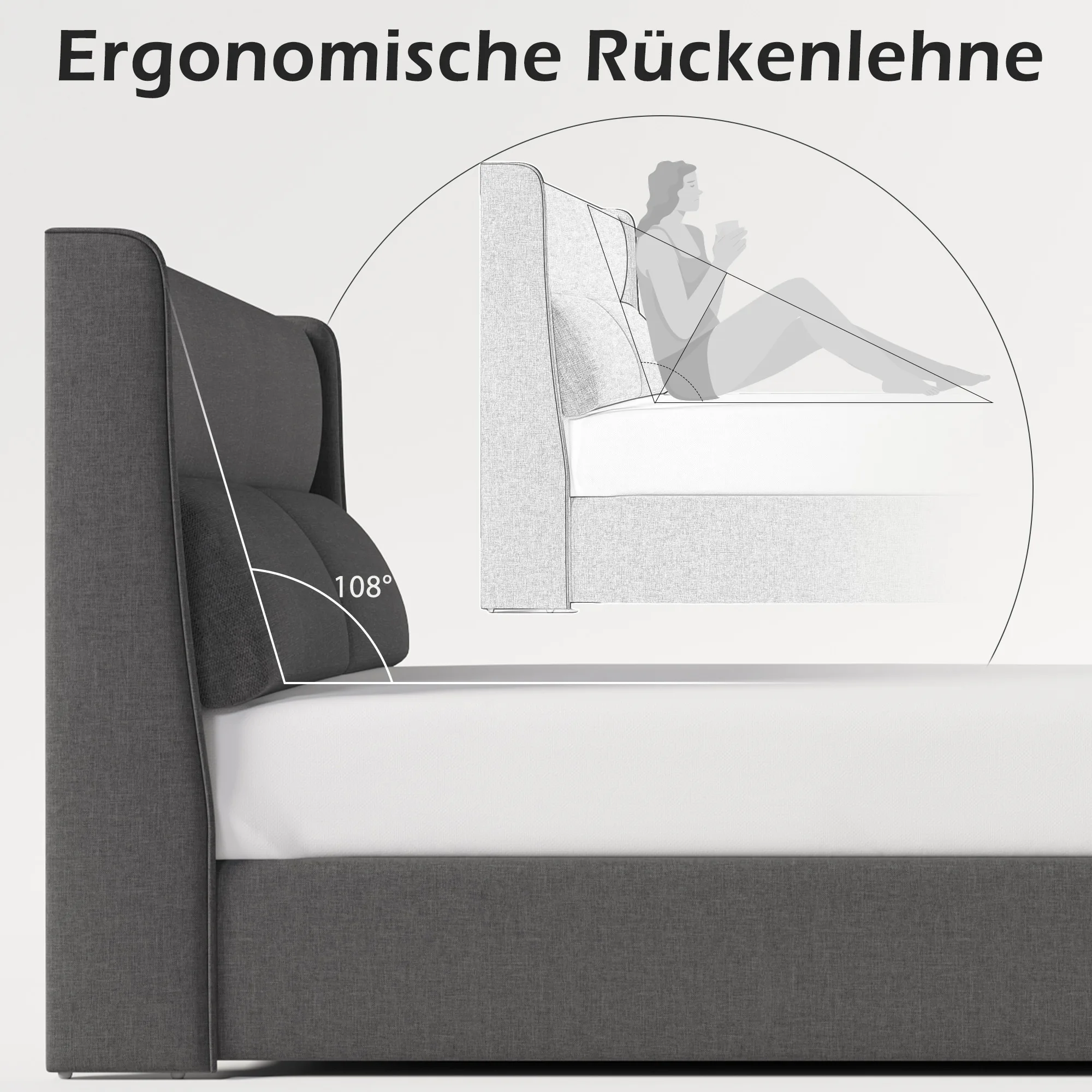 KOMHTOM Graues Polsterbett Doppelbett 160x200cm, Hydraulisches Stauraum-Bettgestell, Leinenmaterial, Metall-Lattenrost – Detail 8