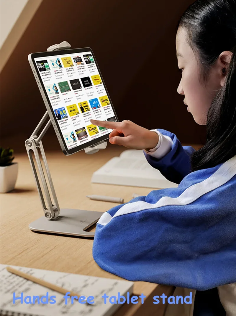 긴 팔 알루미늄 합금 태블릿 스탠드, 조절식 접이식 iPad 스탠드, 인체 공학적 360 ° 회전 태블릿 및 휴대폰 클램프 마운트 홀더