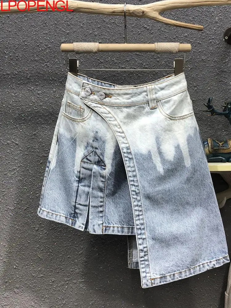 

Asymmetrical Tie Dye Denim Skirt Women High Waist Irregular Hem Casual Blue Office Lady Skirts Female Summer Fashion Clothing