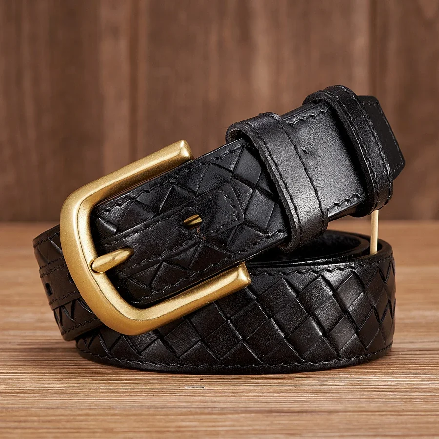 

3.8cm Copper Buckle Designer Cowskin Real Genuine Leather Belts For Men Luxury Woven Cowboy Braided Male Strap for Jeans