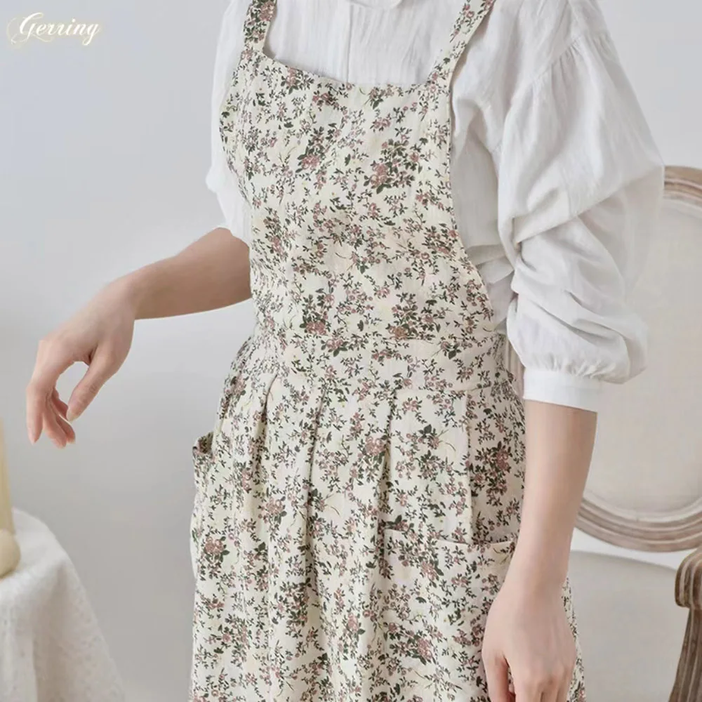 Gerring Korean Dress Apron Cotton Waterproof Garden Print Flower Apron Adjustable Kitchen Working Bib Coffee Shop Aprons