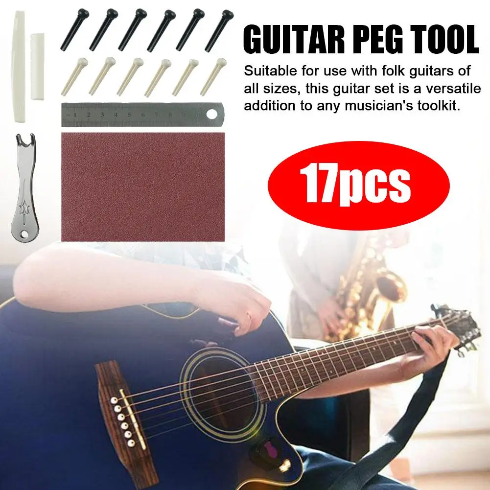 17pcsAcousticGuitarBridgePinFixedTuningToneHolderStringNailsPullerSteelRuler