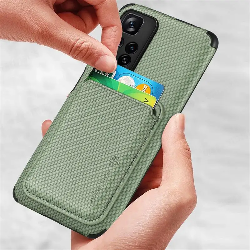 Magnetic Leather Wallet Case with Carbon Fiber Design