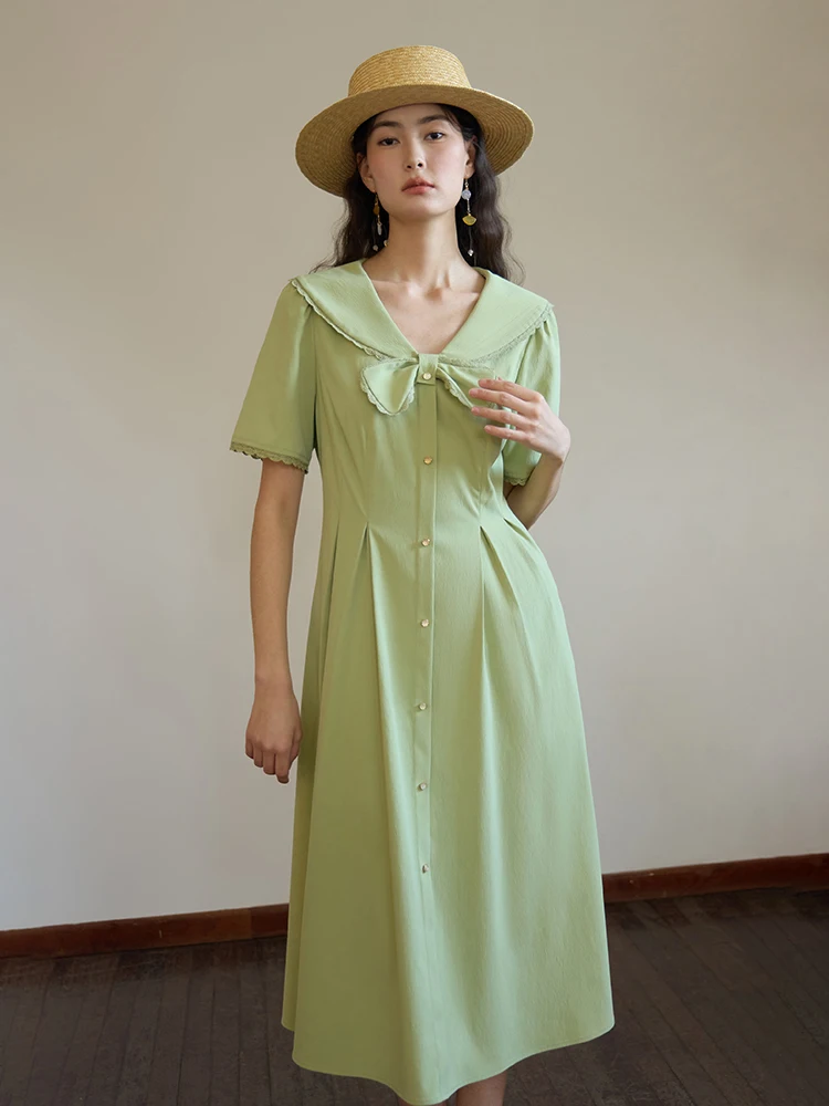 

DUSHU 【2 Colors】Sweet Peter Pan Collar Design Women Single Breasted Dress Green Short Sleeve Mid-Calf A-LINE Skirt 24DS82275