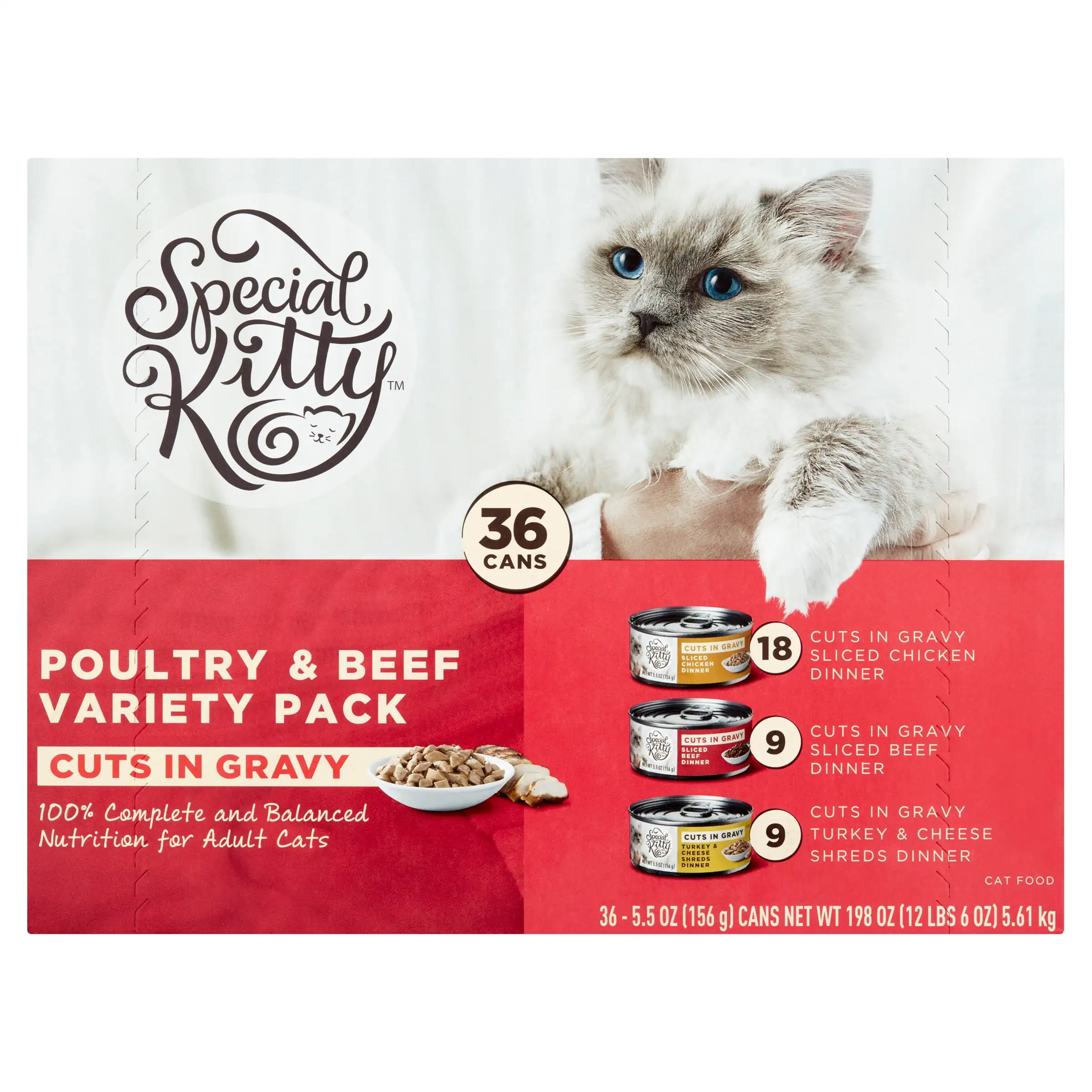 

Special Kitty Beef, Chicken, Turkey & Cheese Flavor Gravy Sliced Wet Cat Food Variety Pack for Adult, 5.5 oz. Cans (36 Count)